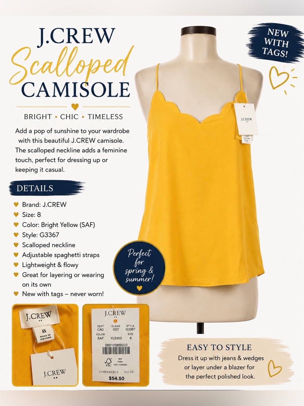 J. Crew Bright Yellow Scalloped-Edge Camisole